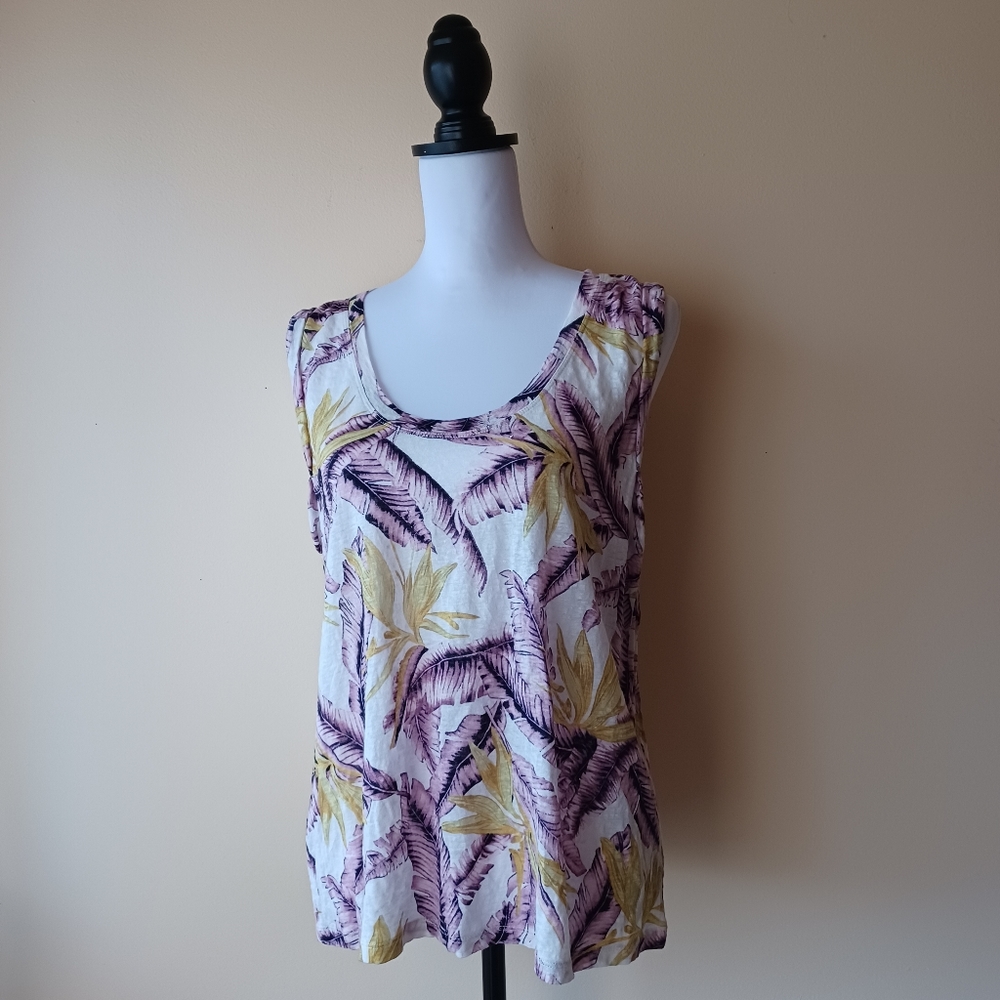 LOFT Linen Women's Sleeveless Top Size L Feather & Leaf Pattern Scoup Neck